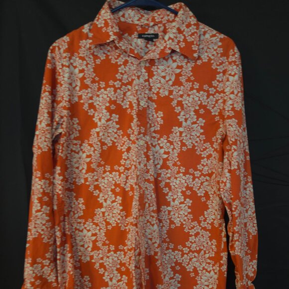 Express Men’s Long Sleeve Size S Dress Shirt  Orange W White Flowers Button Up - Picture 1 of 9